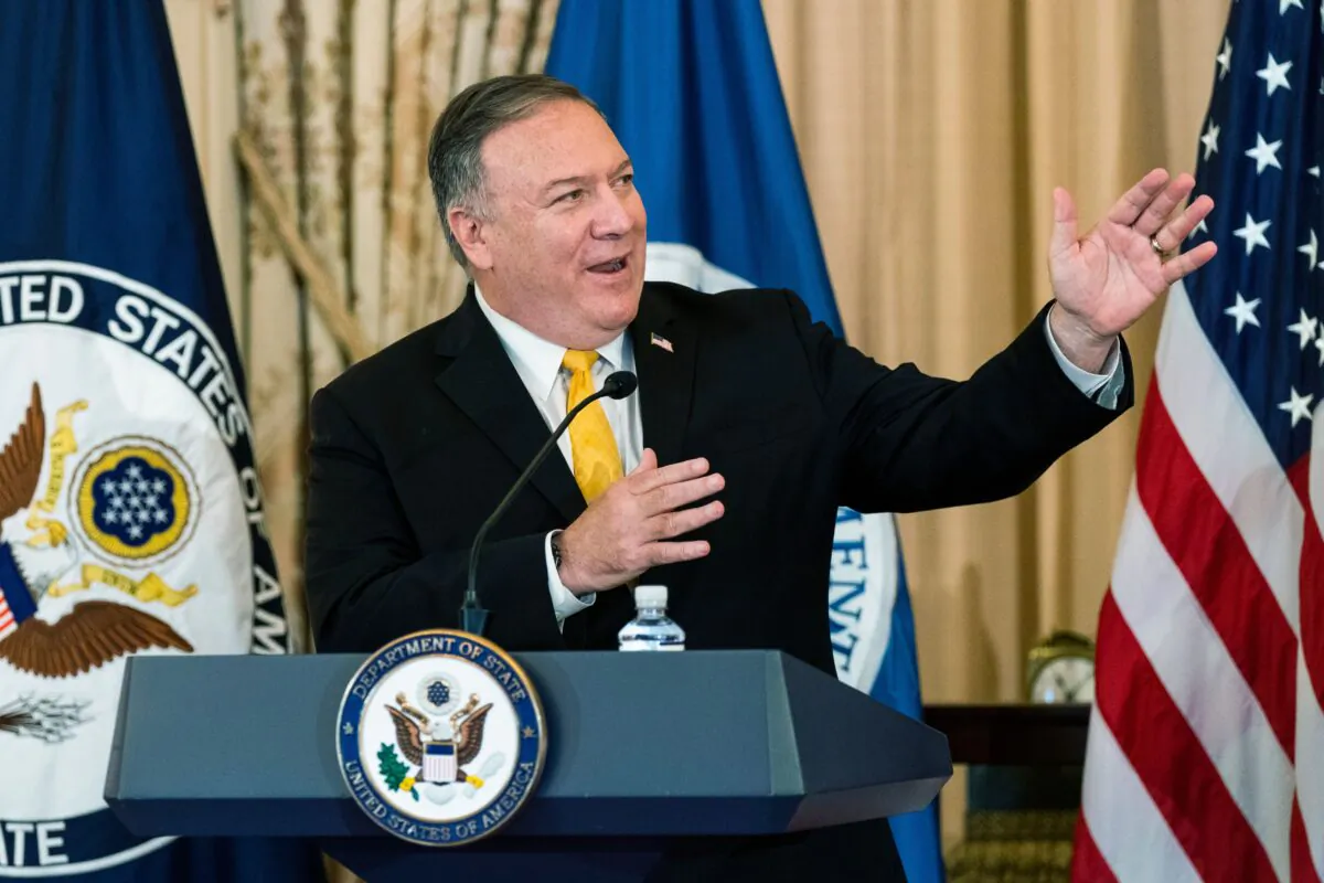 Secretary of State Mike Pompeo speaks during a naturalization ceremony hosted by the USCIS at the State Department in Washington, on Oct. 22, 2020. (Manuel Balce Ceneta/POOL/AFP via Getty Images)