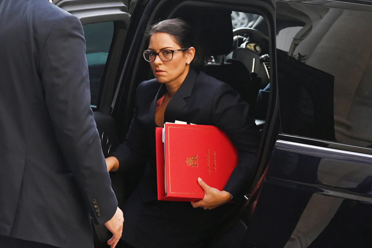 Britain's Home Secretary Priti Patel arrives for a cabinet meeting at the Foreign Commonwealth Office (FCO) in London on Sept. 22, 2020. (Leon Neal/Pool via Reuters)