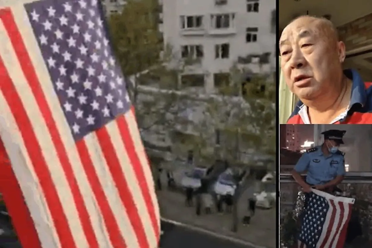 Chinese activist Sui Shuangsheng hung up the flags of five democratic countries at his home in Qingdao city, Shandong Province, China on Oct. 1, 2020. He calls for democracy and the Chinese regime to step down. (Twitter screenshots)