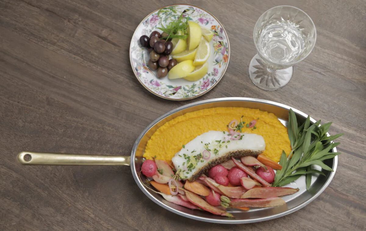 This simple preparation pairs pan-seared turbot filet with a buttery puree of carrots. (Styling by Leslie Forlanini, photo by Leslie Jean-Bart)