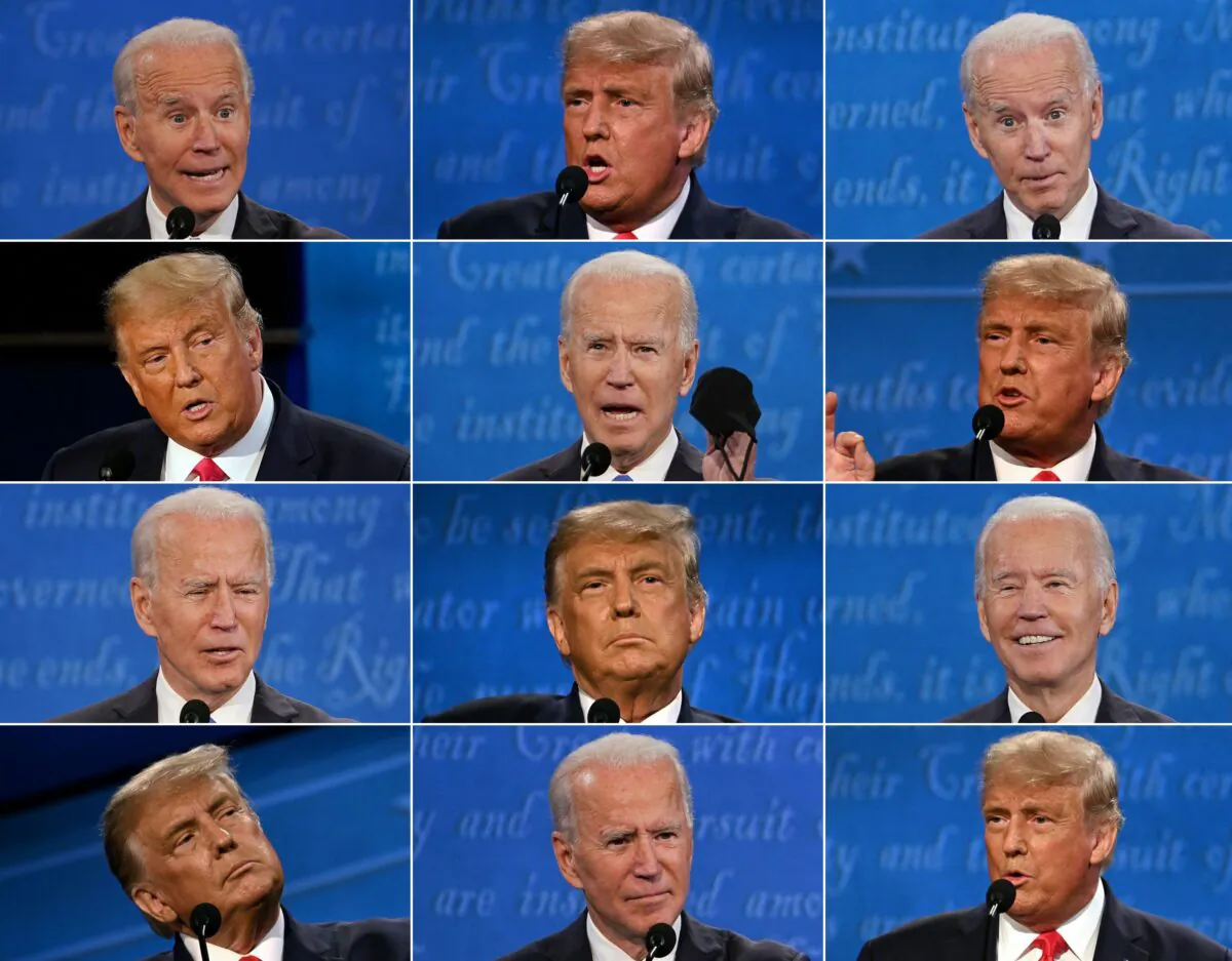 This combination of pictures shows President Donald Trump and Democratic Presidential candidate and former Vice President Joe Biden during the final presidential debate at Belmont University in Nashville, Tenn., on Oct. 22, 2020. (Brendan SmialowskiI, Jim Watson, Morry Gash/AFP via Getty Images)
