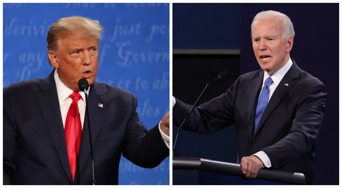 (L): President Donald Trump participates in the final presidential debate against Democratic presidential nominee Joe Biden at Belmont University in Nashville, Tenn., on Oct. 22, 2020. (Justin Sullivan/Getty Images); (R): Democratic presidential nominee Joe Biden participates in the final presidential debate against President Donald Trump at Belmont University in Nashville, Tenn., on Oct. 22, 2020. (Chip Somodevilla/Getty Images)