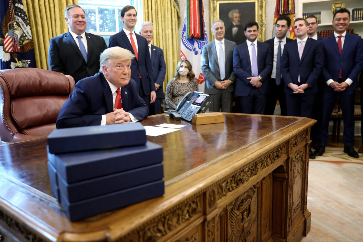 President Donald Trump speaks about a Sudan-Israel peace agreement, in the Oval Office in Washington, on Oct. 23, 2020. (Win McNamee/Getty Images)