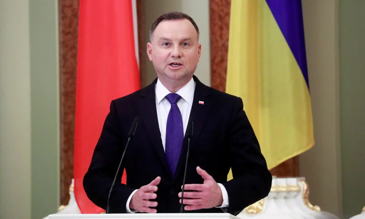 Polish President Andrzej Duda holds a joint news briefing with his Ukrainian counterpart as part of their meeting in Kiev on Oct. 12, 2020. (Valentyn Ogirenko /Pool/AFP via Getty Images)