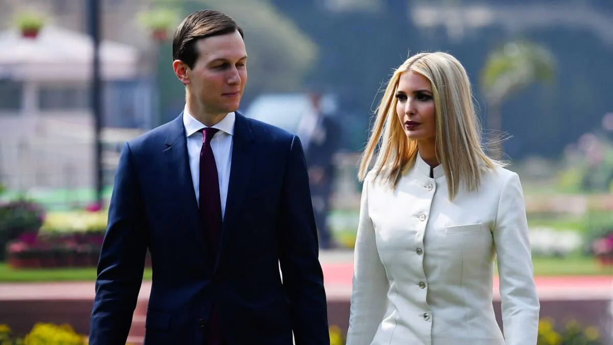 Then-White House senior advisers Ivanka Trump and Jared Kushner arrive at Hyderabad House in New Delhi on Feb. 25, 2020. (Mandel Ngan/AFP via Getty Images)