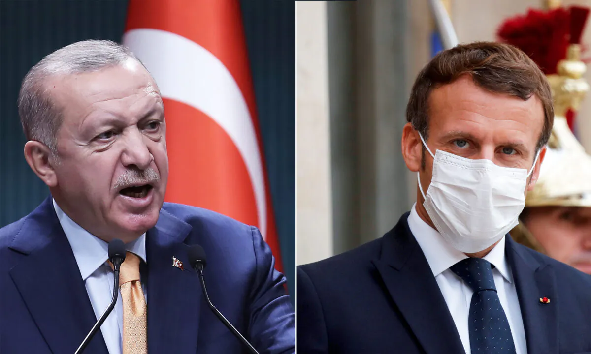 L: Turkish President Recep Tayyip Erdogan presents statements following the Cabinet Meeting at the Presidential Complex, in Ankara, on Oct. 5, 2020. (Adem Altan/AFP via Getty Images)
R: French President Emmanuel Macron, wearing a face mask, looks on as he waits for the arrival of the Armenian President, ahead of their meeting at the Elysee Palace, in Paris, on Oct. 22, 2020. (Photo by Charles Platiau/Pool/AFP via Getty Images)