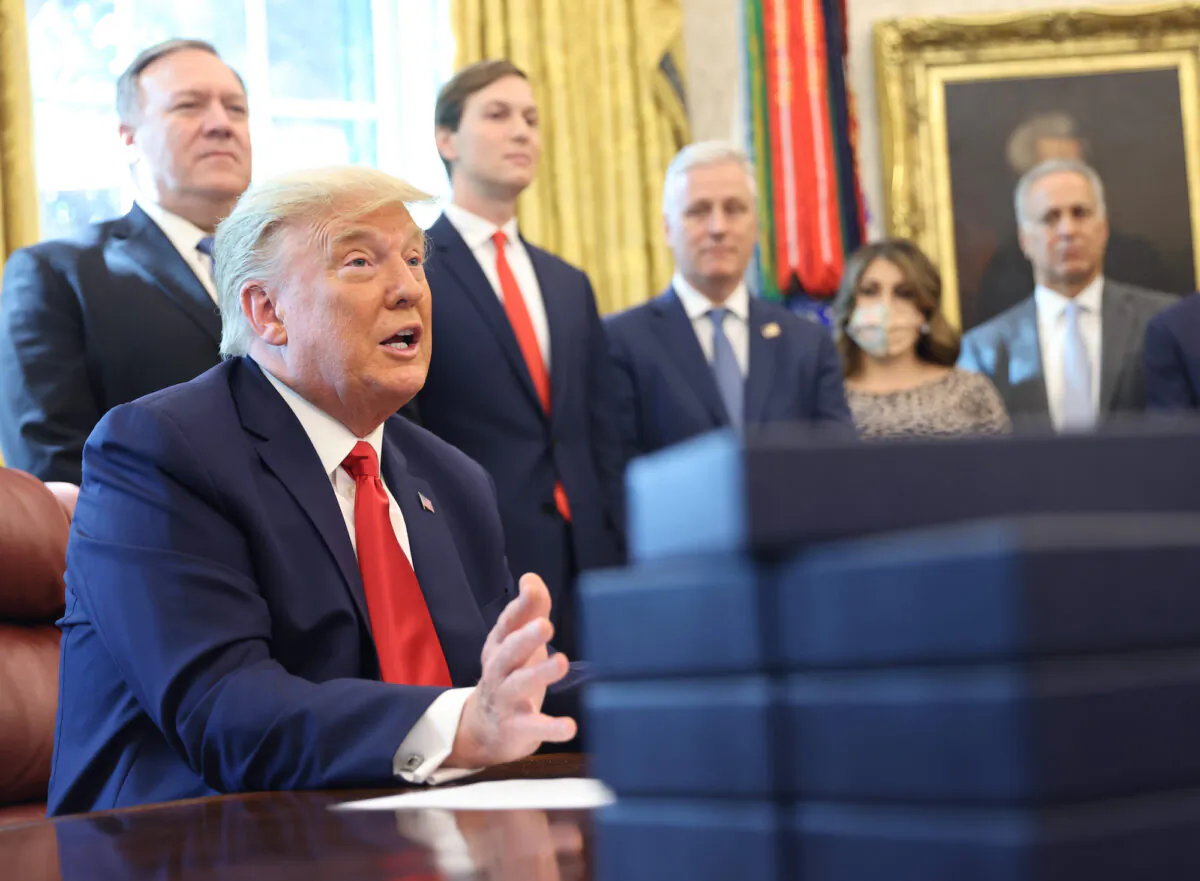 President Donald Trump speaks about a Sudan–Israel peace agreement, in the Oval Office, in Washington, on Oct. 23, 2020. (Win McNamee/Getty Images)
