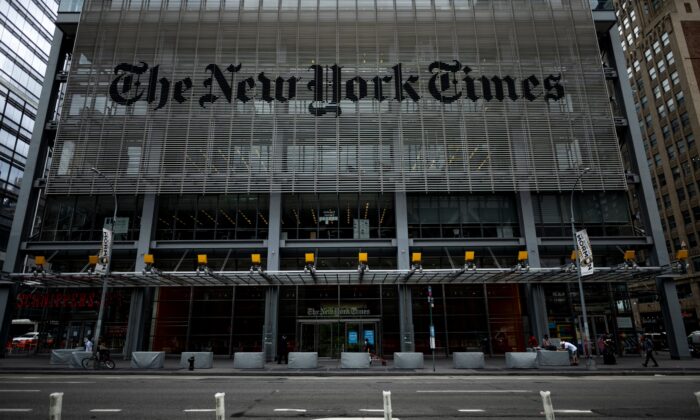 The New York Times building in New York City on June 30, 2020. (Johannes Eisele/AFP via Getty Images)