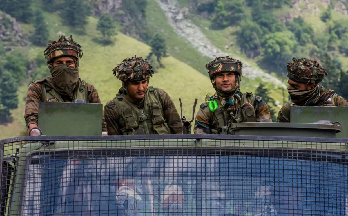 Indian army convoy carrying reinforcements and supplies, drive towards Leh, on a highway bordering China, in Gagangir, India, on Sept. 2, 2020. (Yawar Nazir/Getty Images)