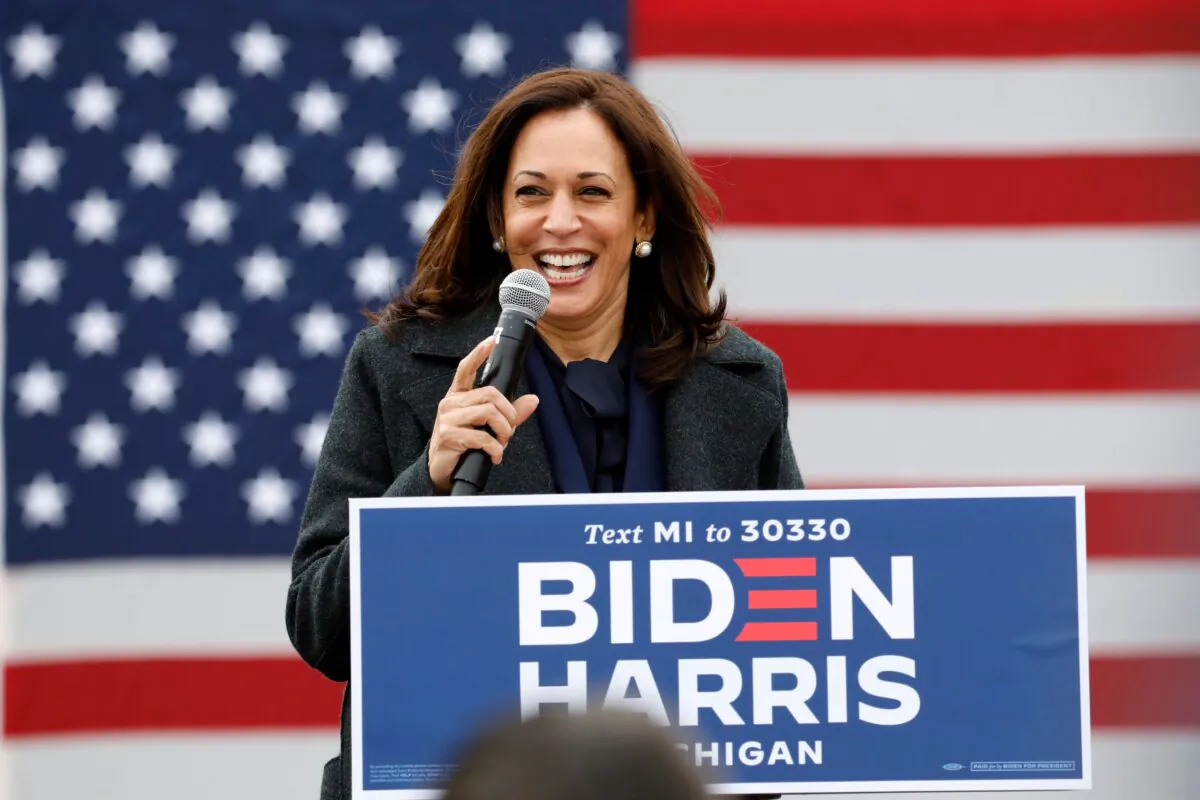 Democratic vice presidential nominee Senator Kamala Harris (D-Calif.) speaks at a campaign stop at IBEW Local 58 in Detroit, Michigan on Oct. 25, 2020. (Jeff Kowalsky/AFP via Getty Images)