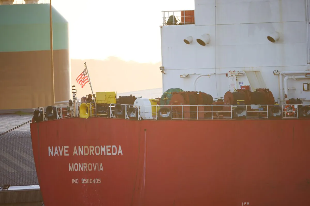 Liberia-flagged oil tanker Nave Andromeda is seen at Southampton Docks, following a security incident aboard the ship the night before off the coast of Isle of Wight, in Southampton, Britain, on Oct. 26, 2020. (Henry Nicholls/Reuters)
