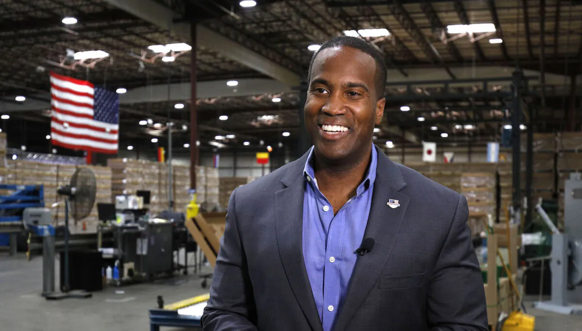 John James, the Republican's Michigan U.S. Senate candidate, speaks to a media outlet during an interview in Detroit, Mich., on Aug. 7, 2018. (Bill Pugliano/Getty Images)