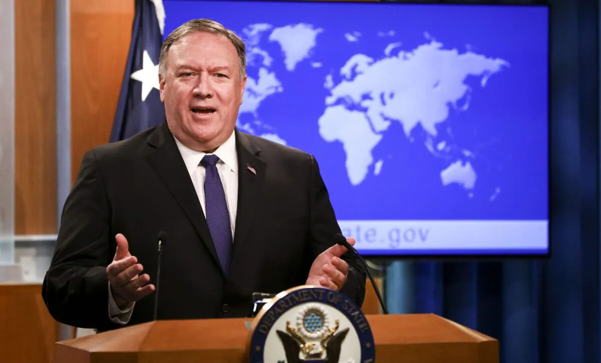 Then-Secretary of State Mike Pompeo speaks during a media briefing at the State Department in Washington on June 10, 2019. (Samira Bouaou/The Epoch Times)