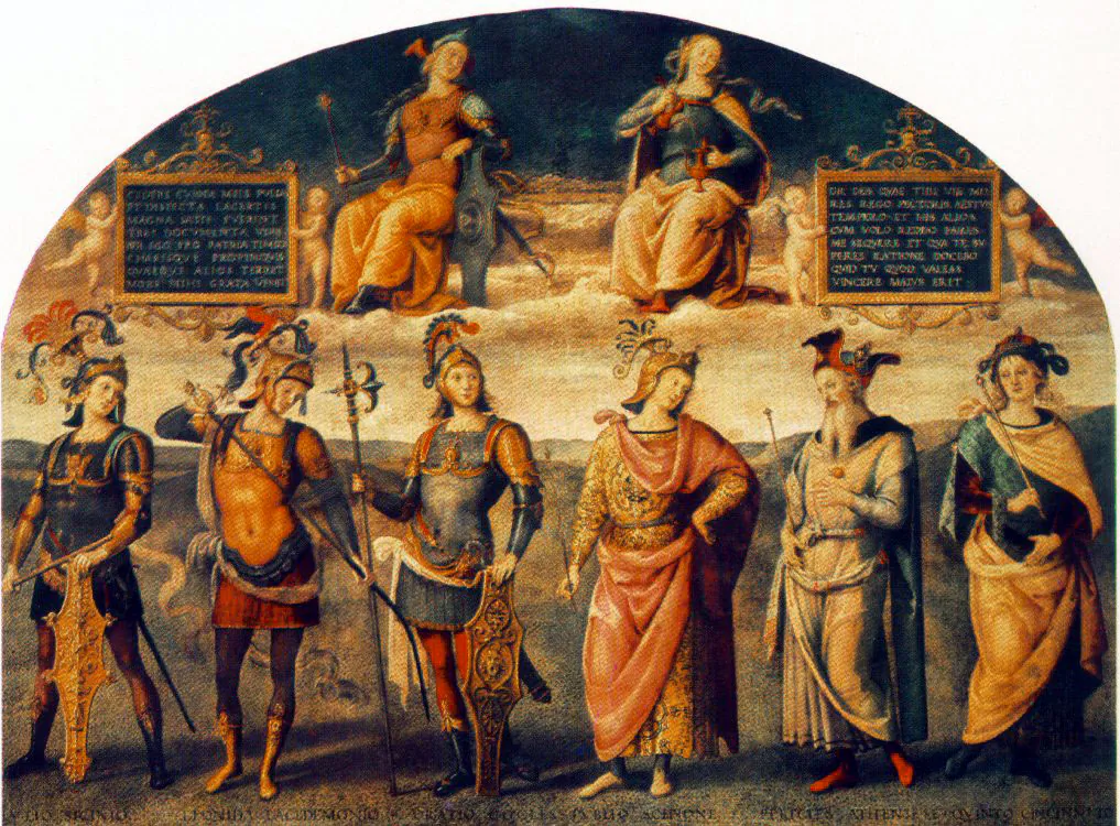 "Fortitude and Temperance with Six Antique Heroes" by Pietro Perugino, 1497. (Public domain)