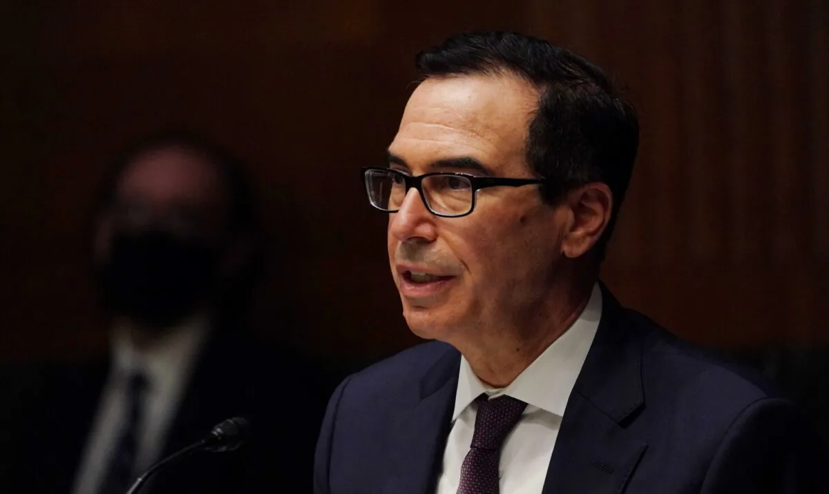 Treasury Secretary Steven T. Mnuchin speaks during the Senate's Committee on Banking, Housing, and Urban Affairs hearing examining the quarterly CARES Act report to Congress, in Washington, on Sept. 24, 2020. (Toni L. Sandys/Pool via Reuters)