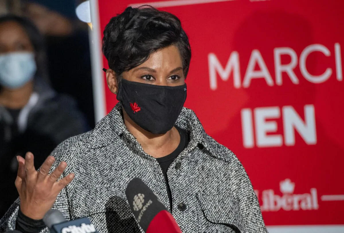 Liberal Marci Ien holds a media availability after winning the federal byelection in Bill Morneau’s former riding of Toronto Centre on Oct. 26, 2020. (The Canadian Press/Frank Gunn)