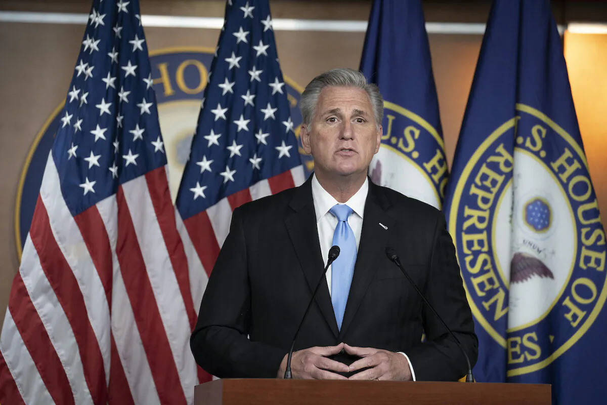 House Minority Leader Kevin McCarthy (R-Calif.) speaks at weekly press conference in Washington, on Sept. 17, 2020. (Tasos Katopodis/Getty Images)