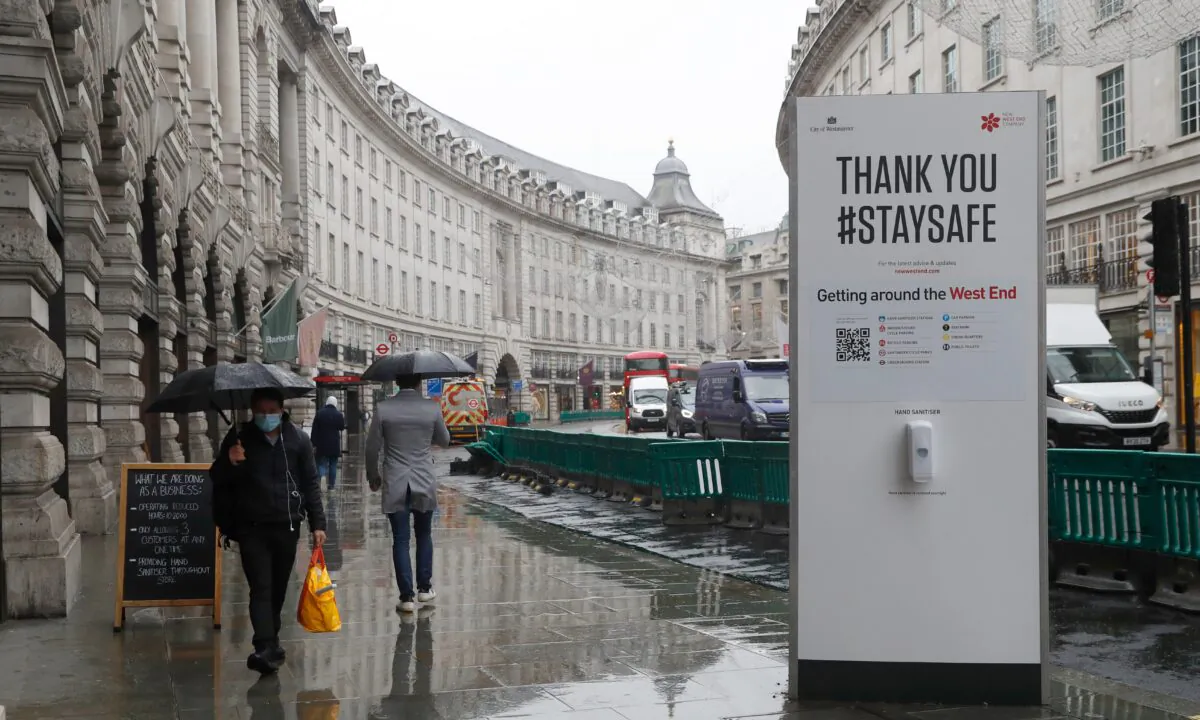 A large sign to thank people for coming to London's West End and to stay safe by observing social distancing to help stop the spread of the CCP virus, in London on Oct. 29, 2020. (Alastair Grant/AP Photo)