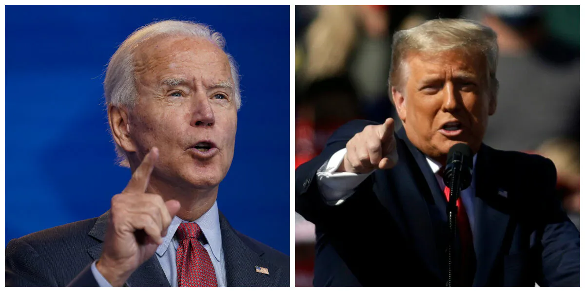(Left) Democratic presidential nominee Joe Biden delivers remarks about the Affordable Care Act and COVID-19 at The Queen theater in Wilmington, Del. on Oct. 28, 2020. (Right) President Donald Trump speaks during a campaign rally 2020 in Bullhead City, Ariz., on Oct. 28,2020. ((Drew Angerer and Isaac Brekken/Getty Images)