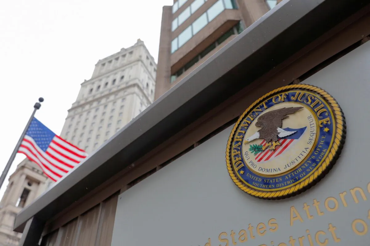The seal of the United States Department of Justice is seen on the building exterior of the United States Attorney's Office of the Southern District of New York in Manhattan, N.Y., on Aug. 17, 2020. (Andrew Kelly/Reuters)