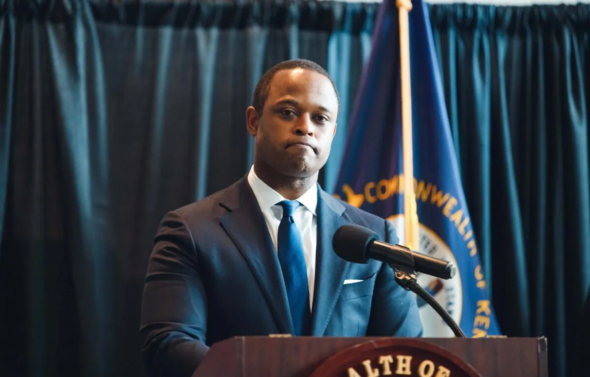 Kentucky Attorney General Daniel Cameron speaks to the media during a press conference in Frankfort, Kentucky, on Sept. 23, 2020. (Jon Cherry/Getty Images)