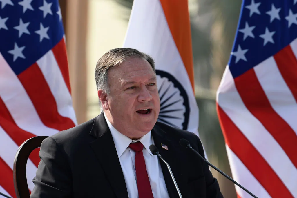 US Secretary of State Mike Pompeo speaks during a joint press briefing on the lawns of Hyderabad House in New Delhi on Oct. 27, 2020. (Money Sharma/AFP via Getty Images)