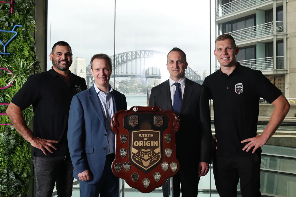 Tom Trbojevic and
Greg Inglis pose with AMPOL CEO Matt Halliday, NRL CEO Andrew Abdo and the state of origin trophy during a State of Origin media opportunity at Pullman Quay Grand Sydney Harbour in Sydney, Australia on Oct. 27, 2020. (Mark Metcalfe/Getty Images)