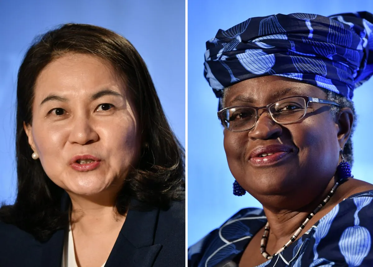 South Korean Trade Minister Yoo Myung-hee (L) in Geneva on July 16, 2020; and Nigerian former Foreign and Finance Minister Ngozi Okonjo-Iweala (R) in Geneva on July 15, 2020, as they give press conferences as part of their application process to head the WTO as Director General. (Fabrice Coffrini/AFP via Getty Images)