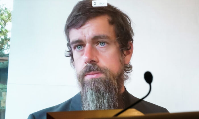 Twitter CEO Jack Dorsey testifies remotely during a hearing to discuss reforming Section 230 of the Communications Decency Act with big tech companies in Washington on Oct. 28, 2020. (Greg Nash/Pool/AFP via Getty Images)