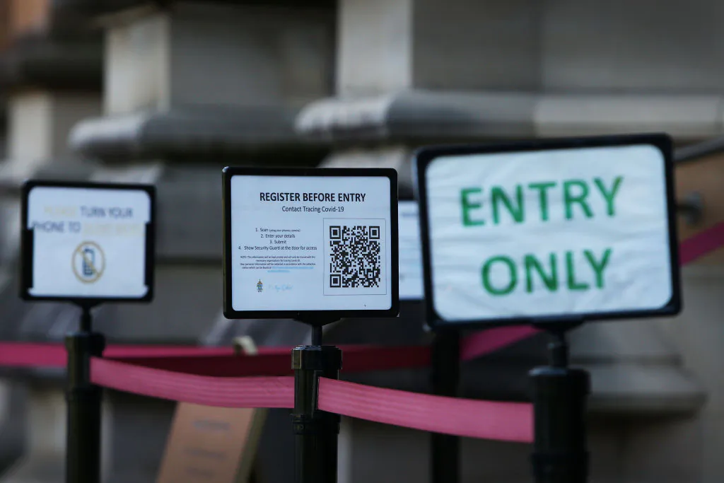 COVID-19 safety signage is seen at the entrance of St Mary's Cathedral in Sydney, Australia on Oct. 23, 2020. (Lisa Maree Williams/Getty Images)