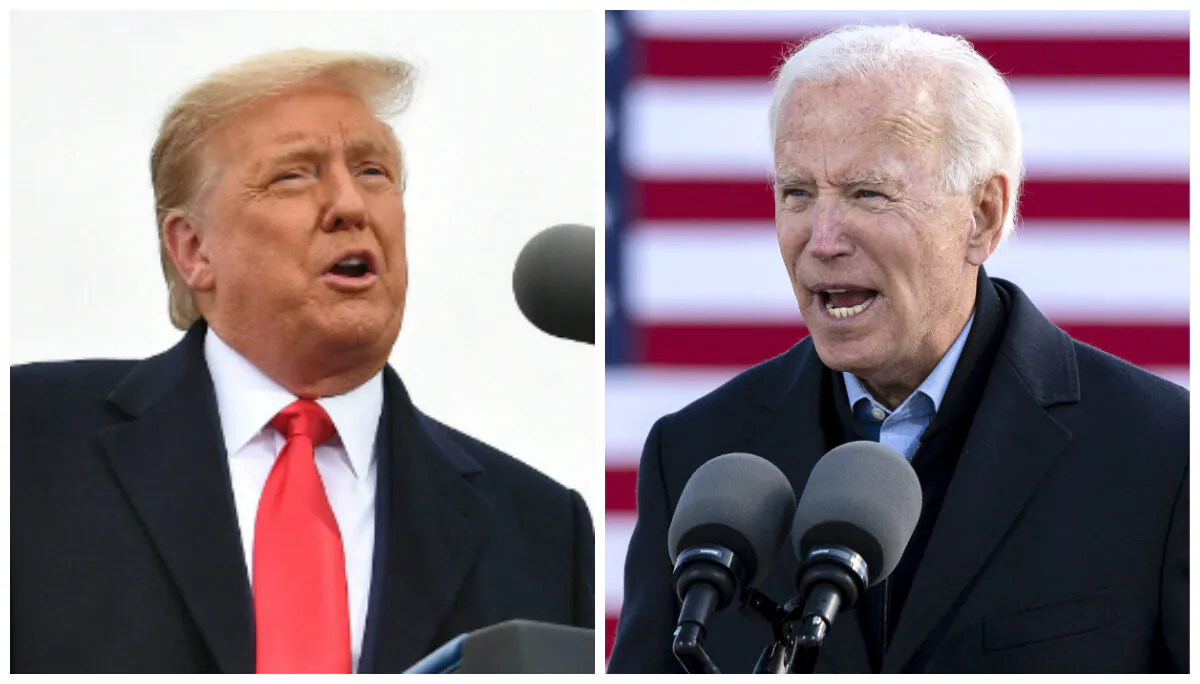 (L) President Donald Trump speaks at a "Make America Great Again" rally at Oakland County International Airport, in Waterford Township, Mich., on Oct. 30, 2020. Democratic presidential candidate Joe Biden speaks during a drive-in campaign event at the Iowa State Fairgrounds in Des Moines, Iowa, on Oct. 30, 2020. (Mandel Ngan and Jim Watson/AFP via Getty Images)