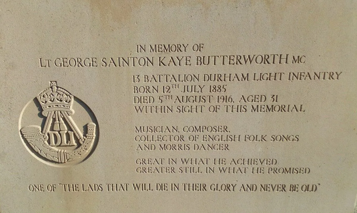An inscription honoring George Butterworth at the Pozières Memorial. (CC BY-SA 4.0)