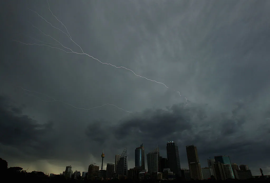 Lightning flashes across the sky over the Sydney central business district as severe thunderstorms hit Sydney on November 8, 2010 in Sydney, Australia. (Mark Kolbe/Getty Images)