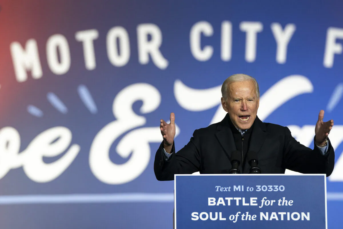 Democratic presidential nominee Joe Biden speaks during a drive-in campaign rally at Belle Isle in Detroit on Oct. 31, 2020. (Drew Angerer/Getty Images)