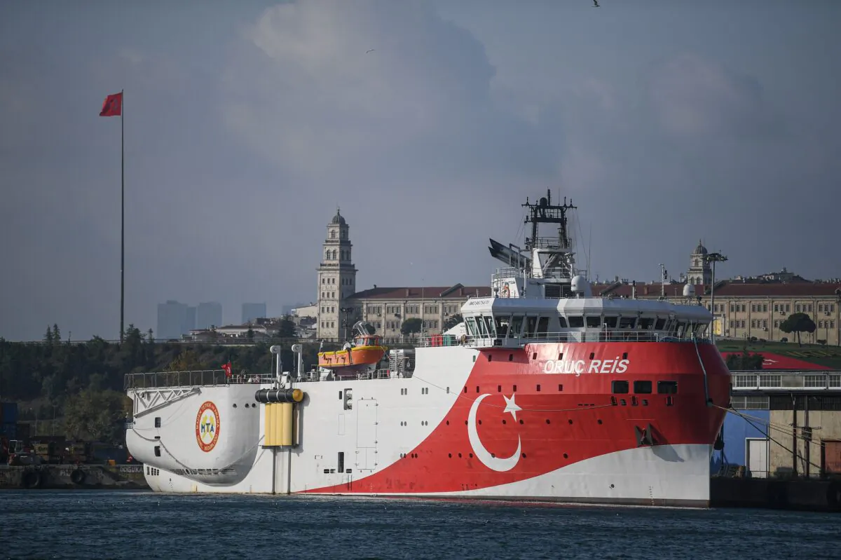 Turkish General Directorate of Mineral research and Exploration's (MTA) Oruc Reis seismic research vessel docked at Haydarpasa port in Istanbul, on August 23, 2019, which searches for hydrocarbon, oil, natural gas and coal reserves at sea. (Ozan Kose/AFP via Getty Images)