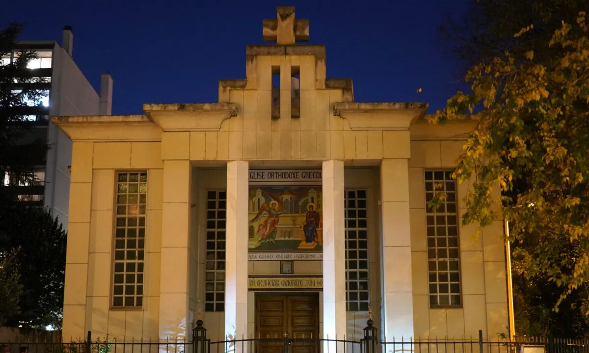 The Greek Orthodox church is pictured after a priest was shot while he was closing his church in the city of Lyon, central France, on Oct.31, 2020. (Laurent Cipriani/AP Photo)