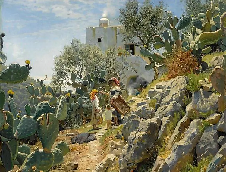 A detail of  “At Noon on a Cactus Plantation in Capri,” 1885, Peder Mork Monsted. Oil on Canvas, 64 1/4 inches by 48 inches. Private Collection. (Public Domain)
