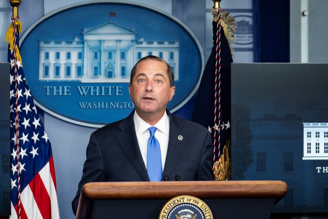 Health and Human Services Secretary Alex Azar addresses the media during a press conference in the James S. Brady Briefing Room at the White House in Washington on Aug. 23, 2020. (Pete Marovich/Getty Images)