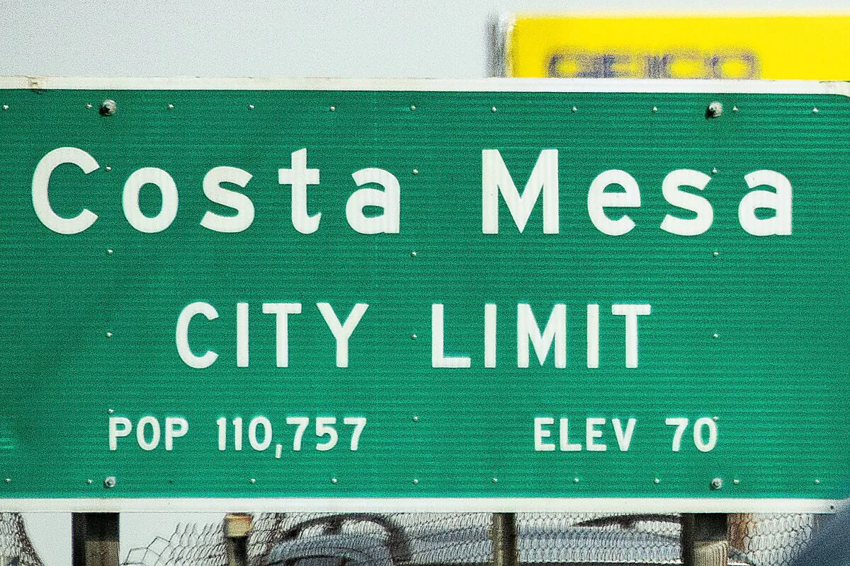 A sign marking the city limit of Costa Mesa, Calif., on Oct. 26, 2020. (John Fredricks/The Epoch Times)