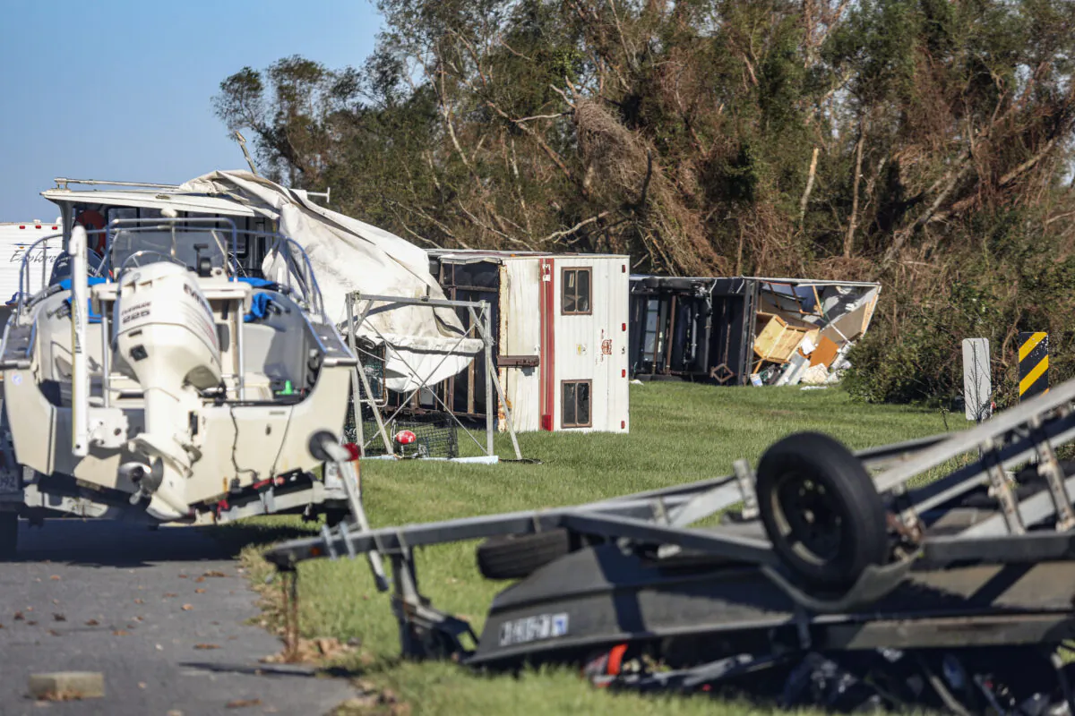 Overturned trailers sit along LA-46 after Hurricane Zeta 2020 in Reggio, La., on Oct. 29, 2020. (Sandy Huffaker/Getty Images)