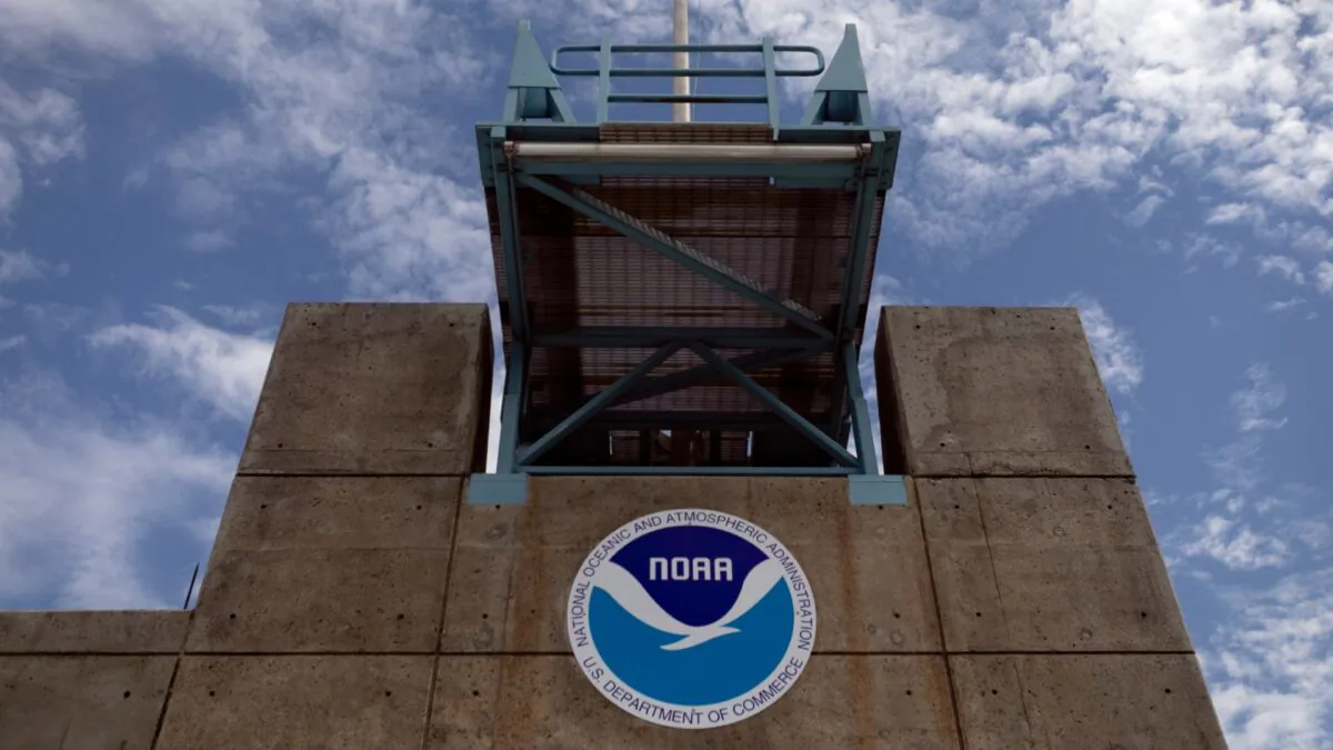 The logo of the National Oceanic and Atmospheric Administration (NOAA) is seen at the National Hurricane Center in Miami, Fla., on Aug. 29, 2019. (Eva Marie Uzcategui/Getty Images)