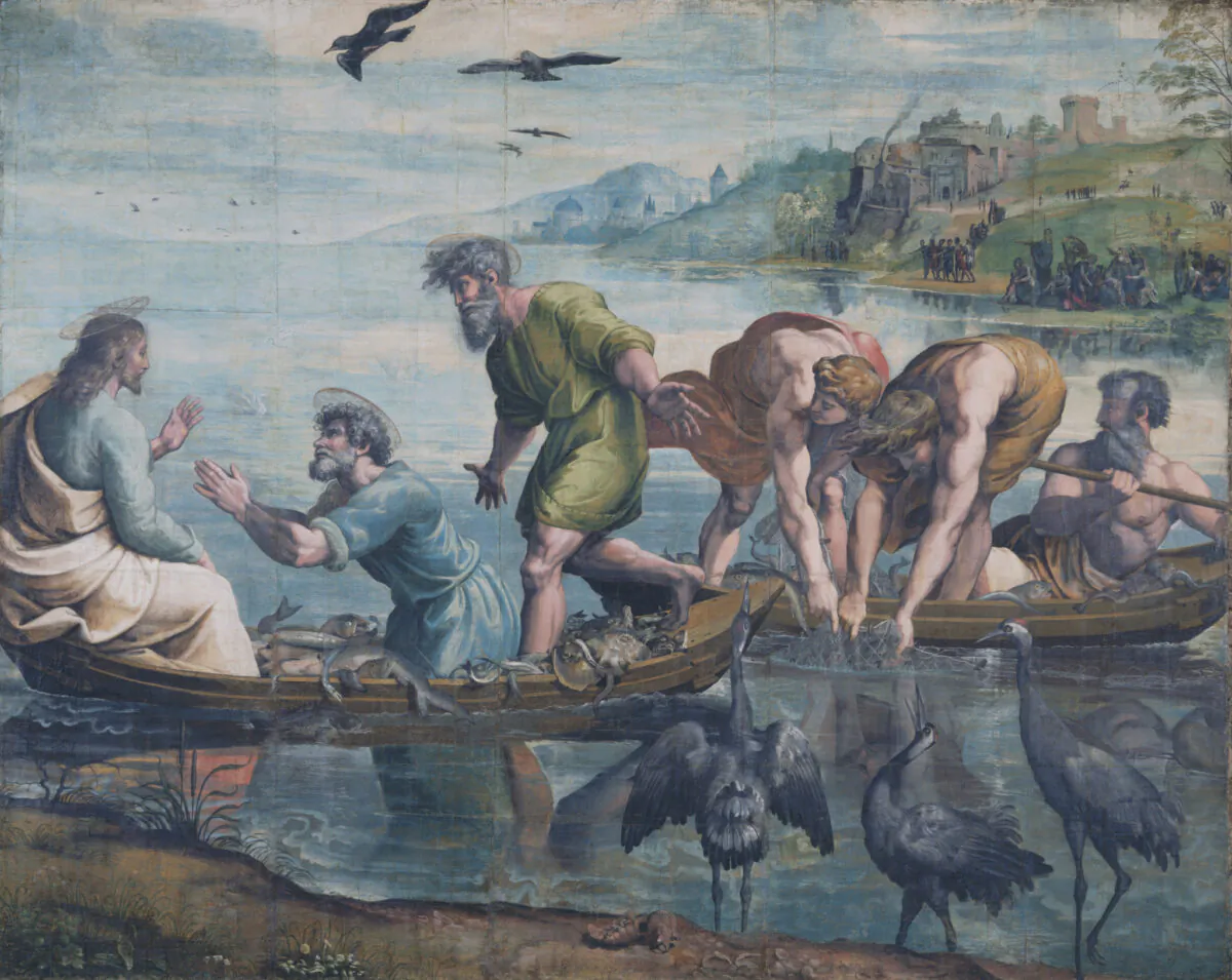 Detail of "The Miraculous Draught of Fishes (Luke 5: 1–11)," 1515–16, by Raphael. Body color on paper, laid onto canvas. (Victoria and Albert Museum, London/Courtesy Royal Collection Trust/Her Majesty Queen Elizabeth II 2020)