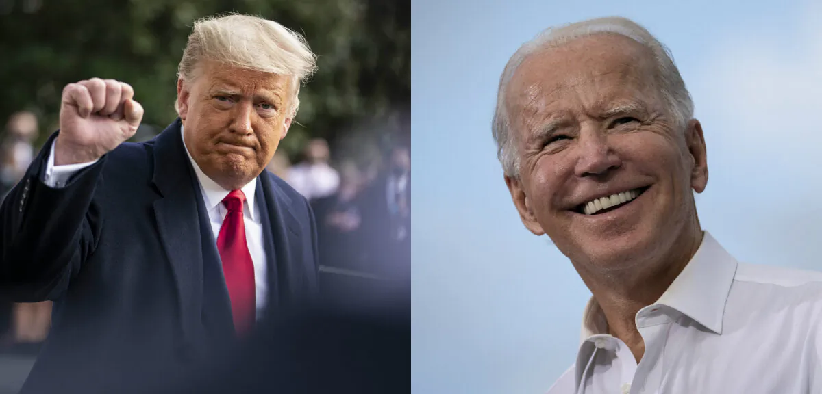 President Donald Trump (L) speaks to the press outside of the White House in Washington on Oct. 30, 2020. (R) Democratic presidential nominee Joe Biden speaks during a drive-in campaign rally in the parking lot of Cellairis Ampitheatre in Atlanta, Ga., on Oct. 27, 2020. (Sarah Silbiger and Drew Angerer/Getty Images)