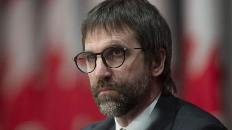 Minister of Canadian Heritage Steven Guilbeault watches a speaker via videoconference during a news conference in Ottawa on April 17, 2020. (Adrian Wyld/The Canadian Press)