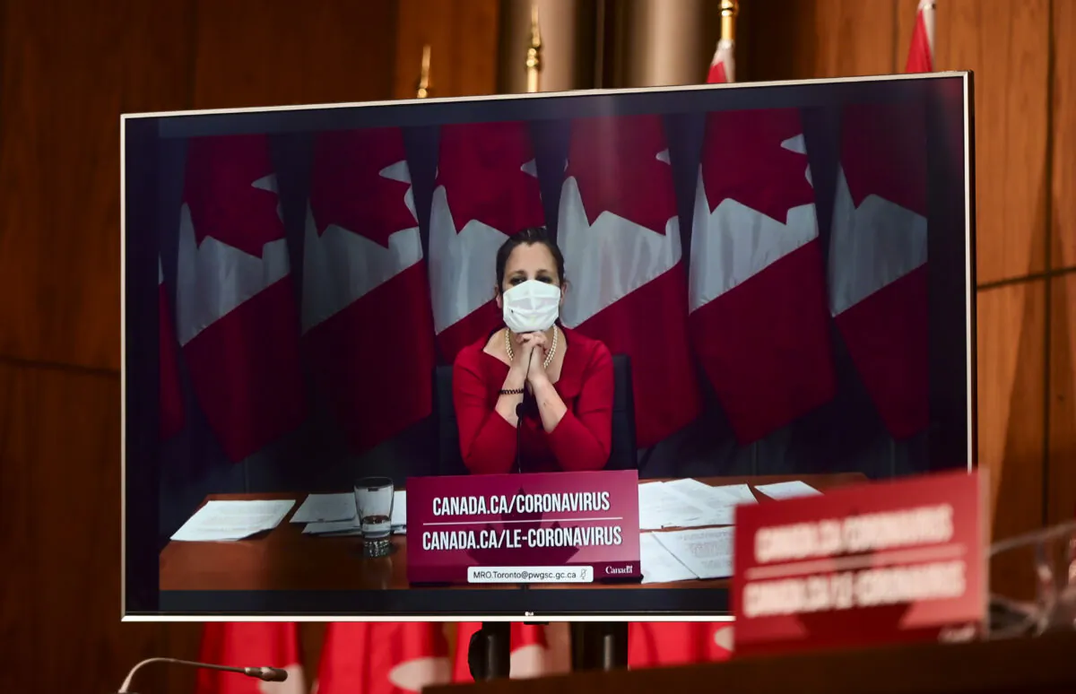 Minister of Finance Chrystia Freeland takes part via video conference as an update is provided during the COVID pandemic in Ottawa on Nov. 3, 2020. (The Canadian Press/Sean Kilpatrick)