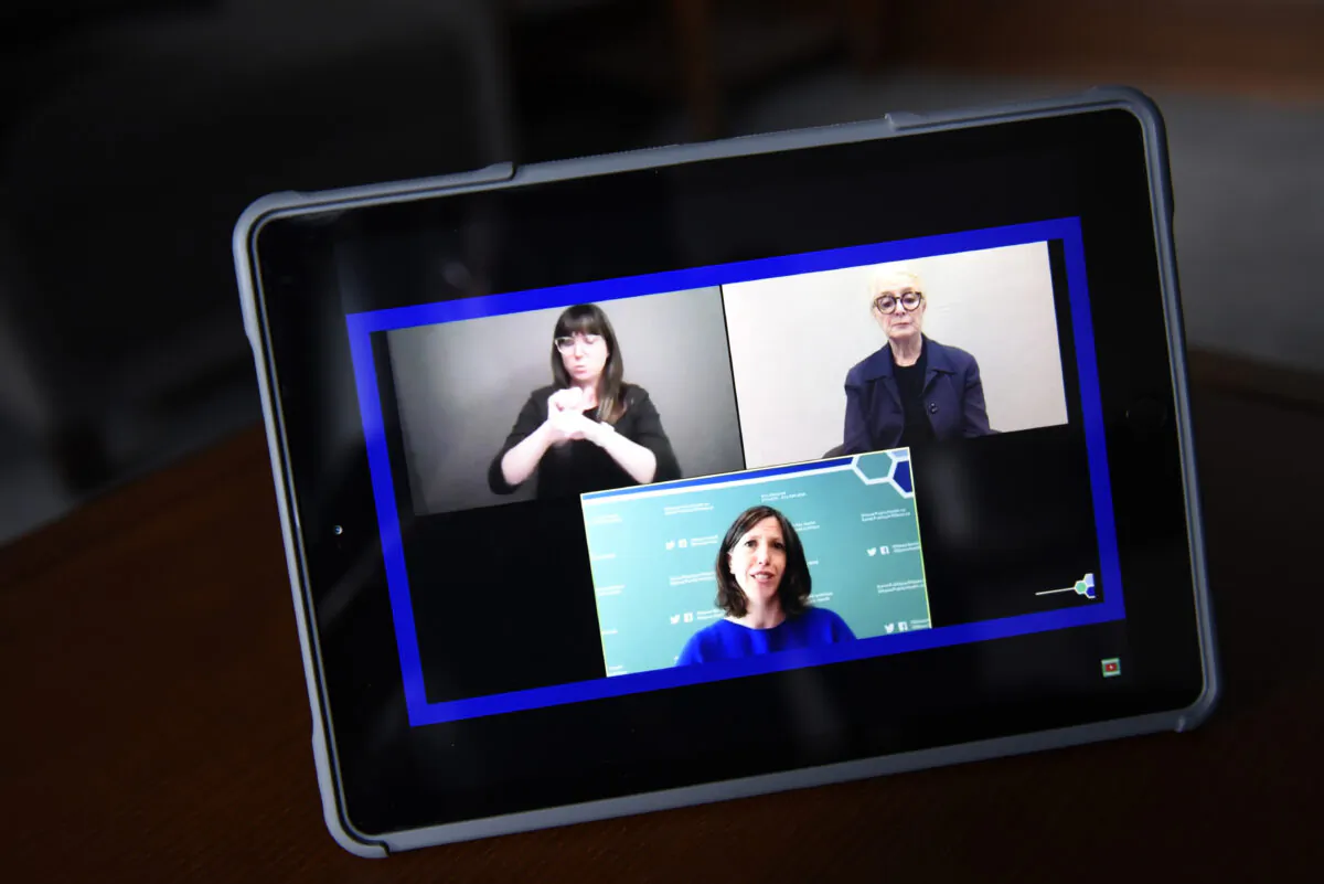 Dr. Vera Etches, Ottawa's chief medical officer of health, is seen on a screen as she participates in a news conference via livestream on Sept. 18, 2020. (THE CANADIAN PRESS/Justin Tang)