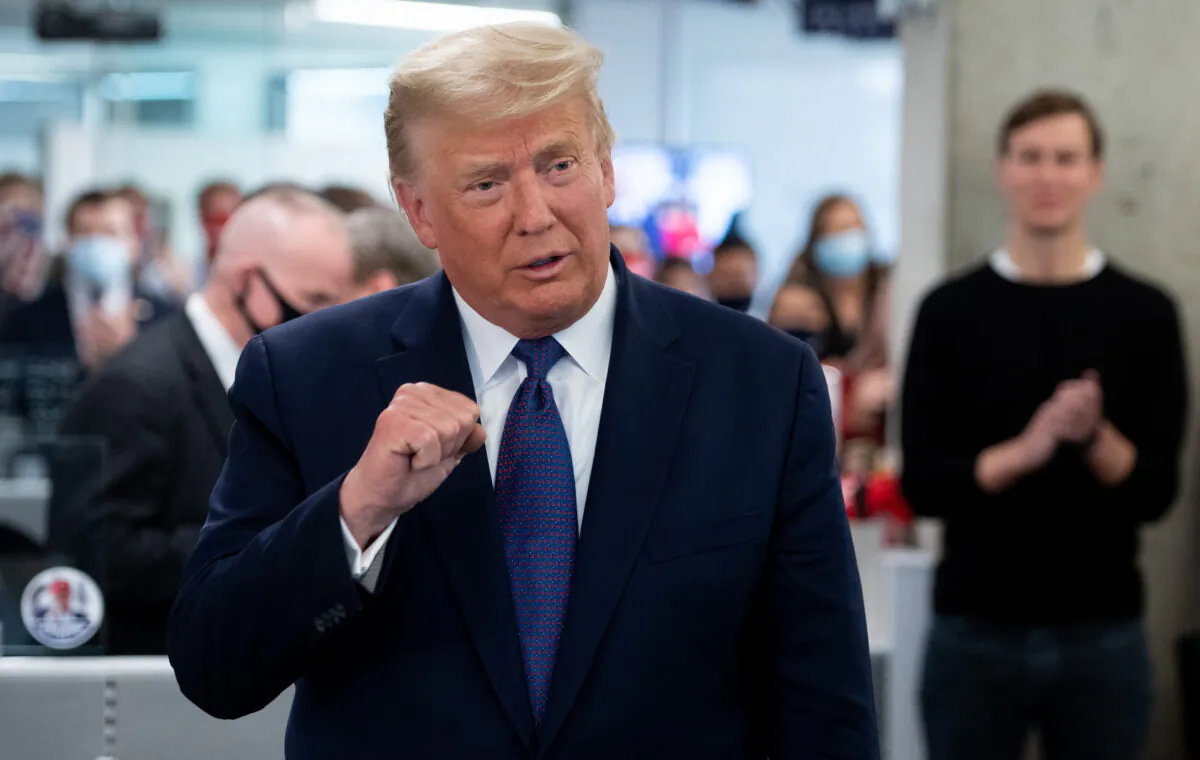 President Donald Trump speaks as he visits his campaign headquarters in Arlington, Virginia, on Nov. 3, 2020. (Saul Loeb/AFP via Getty Images)