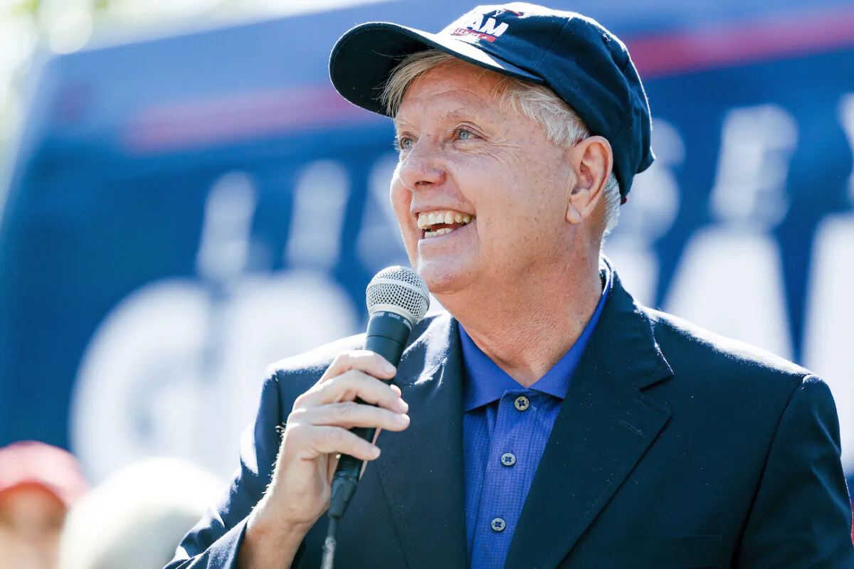 Republican incumbent Sen. Lindsey Graham speaks to supporters at the Horry County Republican Headquarters during a campaign bus tour in Conway, South Carolina,  on Oct. 31, 2020. (Michael Ciaglo/Getty Images)