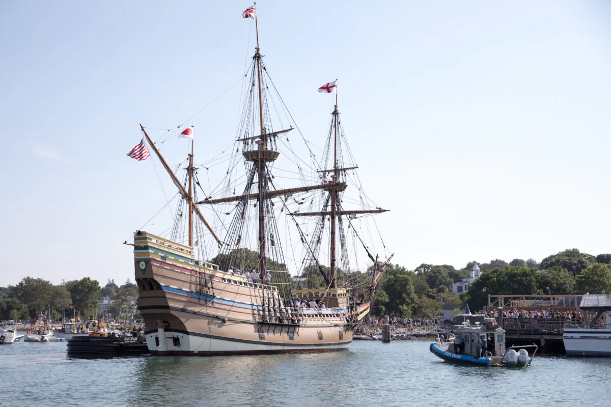The replica ship Mayflower II approaches its dock in Plymouth Harbor after being rehabbed in Connecticut for the past three years on Aug. 10, 2020, in Plymouth, Mass. (Scott Eisen/Getty Images)
