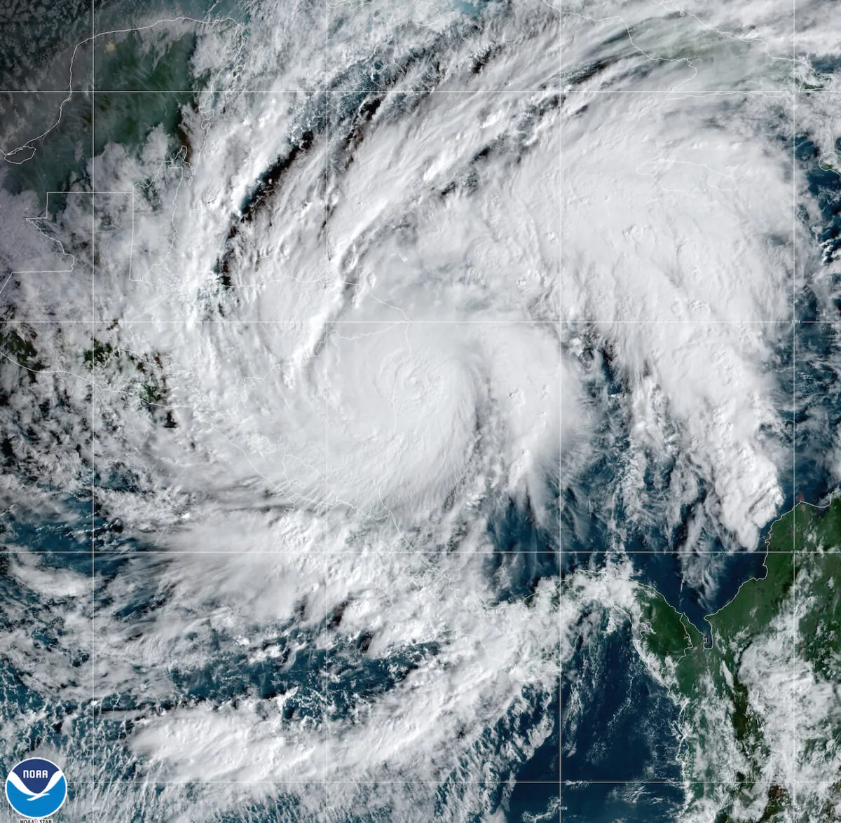 This GeoColor satellite image taken Nov. 3, 2020 shows Hurricane Eta in the Caribbean Sea, arriving at Nicaragua's northern shore. (NOAA via AP)